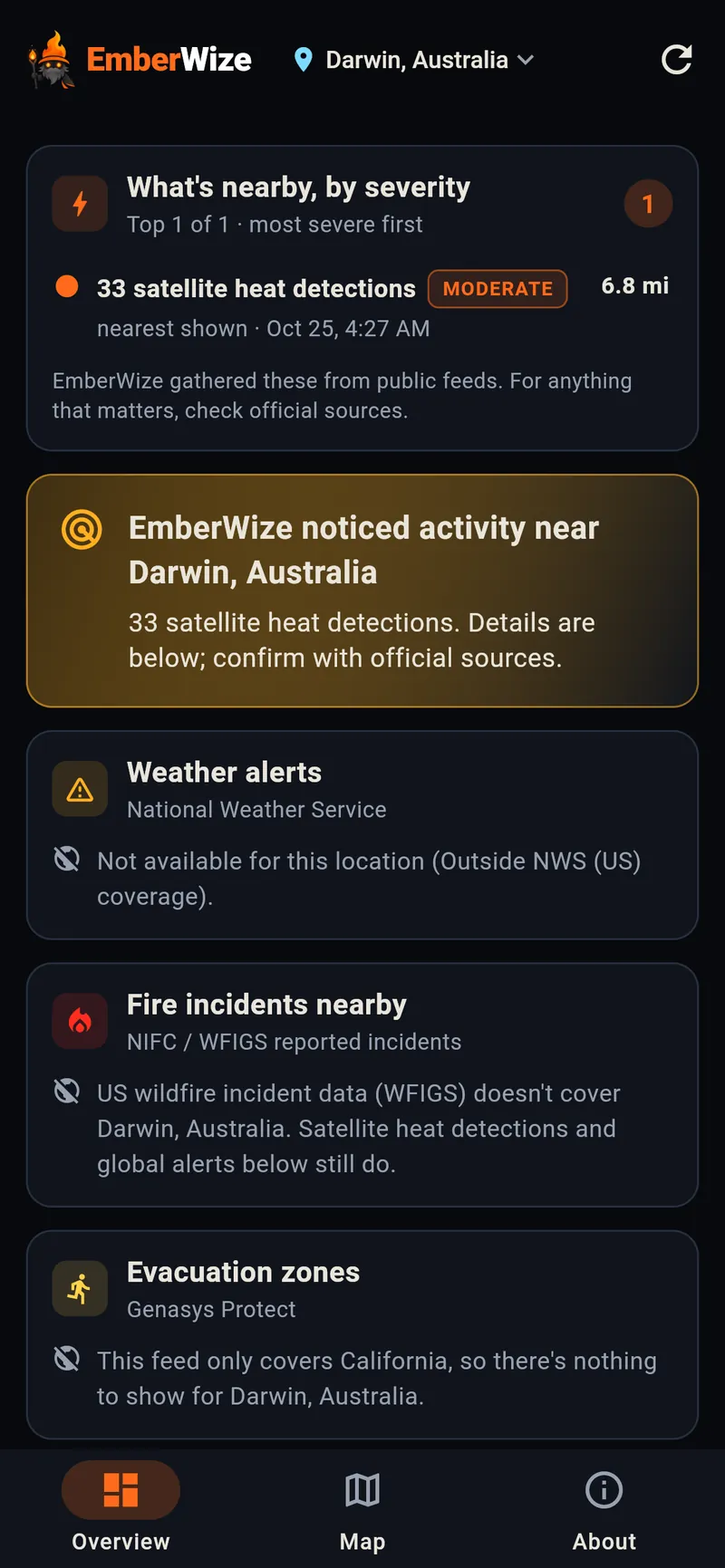 The EmberWize overview for Darwin, Australia: 33 satellite heat detections, with cards explaining that US weather alerts, US wildfire incident data and California evacuation zones don't cover this location.